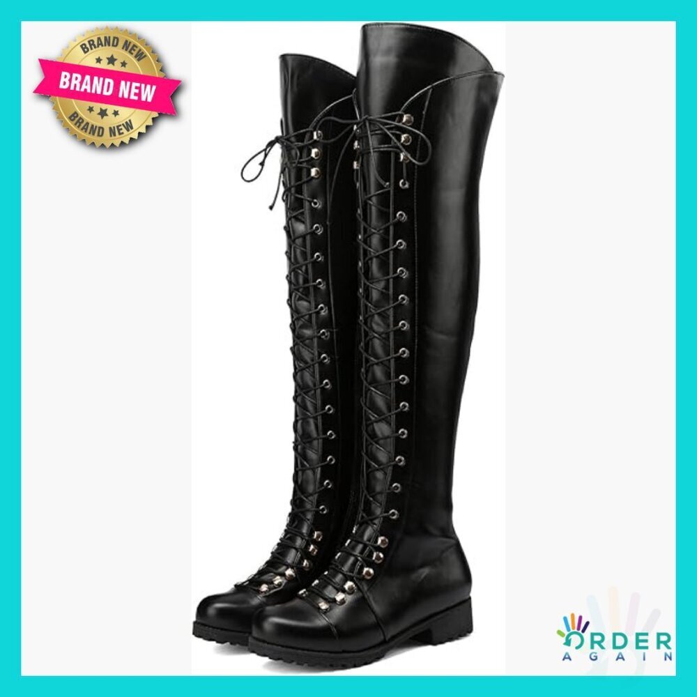Over The Knee High Boots Lace-Up Flat Riding Boots PU Leather Chic Classic